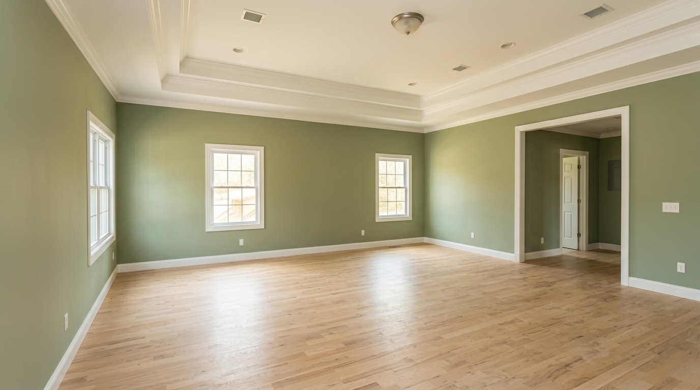 Salon repeint en vert sauge avec plafond tray blanc