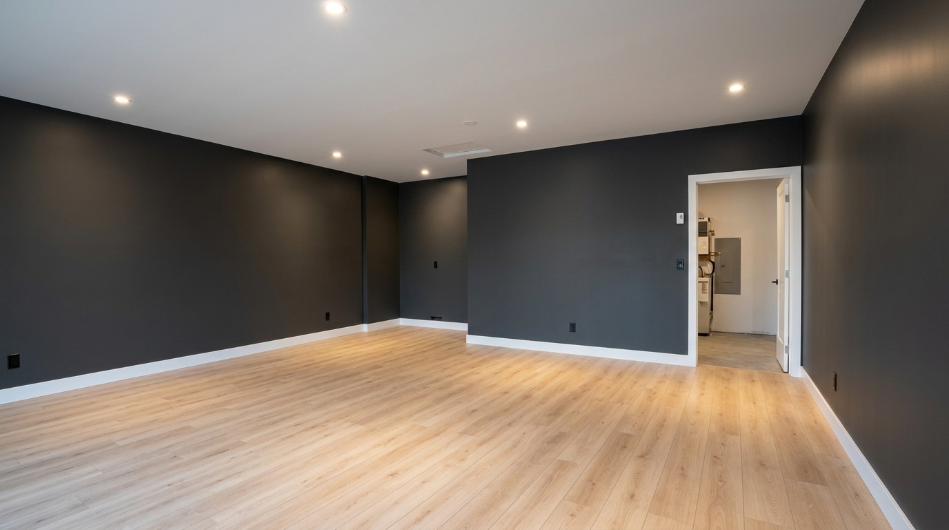 Sous-sol fini en anthracite avec plancher bois