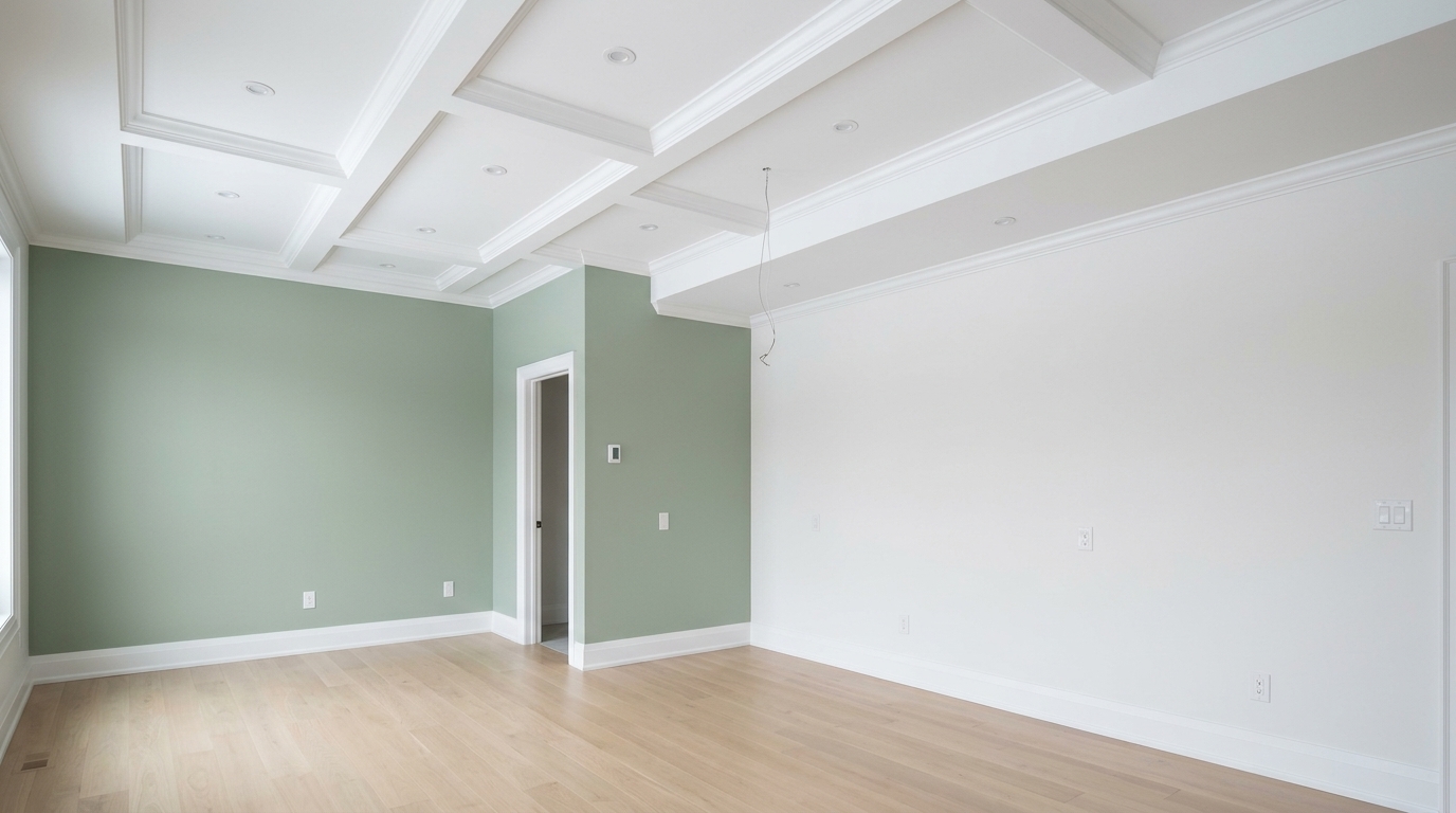 Plan ouvert avec mur d'accent sage et plafond cathédrale